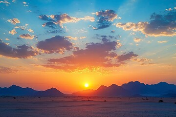 Sunset over the desert of Saudi Arabia wide view, ai