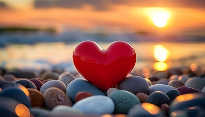 Wall Mural - Sunset backdrop highlighting a red heart on vibrant pebbles, evoking feelings of love, hope, and tranquility