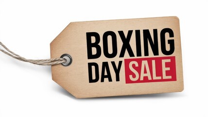 Paper price tag with Boxing Day sale sign and twine isolated on a clean white background