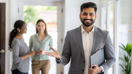 Smiling Indian Realtor Welcoming Clients to New Home
