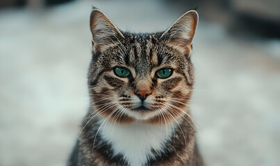 Close-up portrait of a tabby cat with green eyes looking directly at the camera.