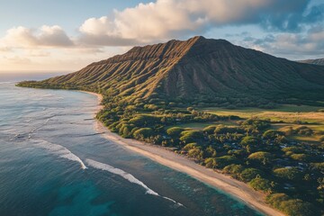 Wall Mural - Aerial view of Koko Head and mountain landscape overlooking ocean and beach, Hawaii, United States, ai