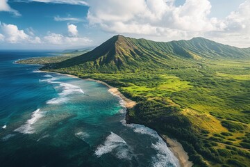 Aerial view of Koko Head and mountain landscape overlooking ocean and beach, Hawaii, United States, ai