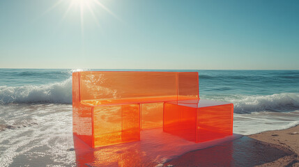 Sticker - Orange Bench on Beach.