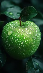 Wall Mural - A close-up of a green apple covered in raindrops.