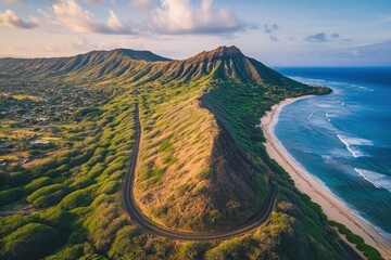 Wall Mural - Aerial view of Koko Head and mountain landscape overlooking ocean and beach, Hawaii, United States , ai