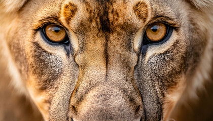 Close-up of a lion's face, focusing on its intense gaze and powerful presence.