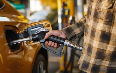 Man filling car at gas station with fuel nozzle