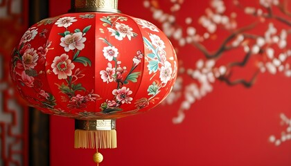 Wall Mural - Traditional Chinese red lantern adorned with floral designs symbolizing good luck and prosperity against a vibrant red background