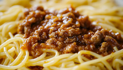 Close-up of spaghetti with meat sauce.