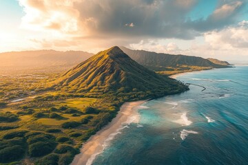 Aerial view of Koko Head and mountain landscape overlooking ocean and beach, Hawaii, United States , ai