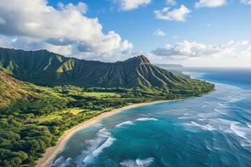 Wall Mural - Aerial view of Koko Head and mountain landscape overlooking ocean and beach, Hawaii, United States , ai