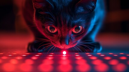 A curious black cat with bright eyes looking down at a red light on a dark background.