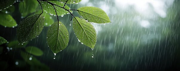 Close-up of green leaves adorned with raindrops, capturing the essence of nature's tranquility and refreshing rain.