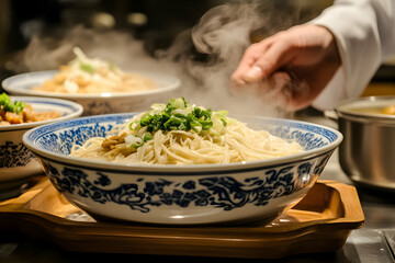 Close up of steaming noodles in a blue and white bowl.