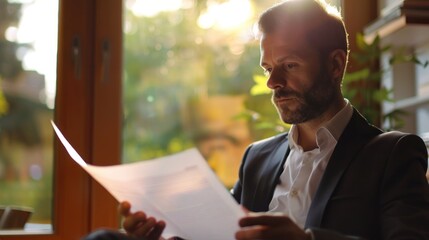 A business professional reading a detailed report or proposal in an office