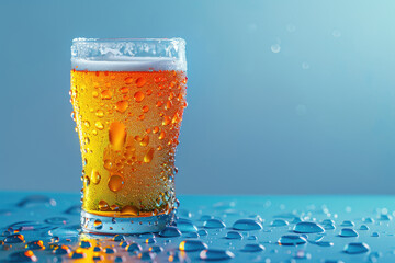 A glass of beer on the table with a blue background