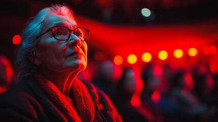 Poster - A woman in a black coat and scarf is sitting in a theater. She is looking at the stage