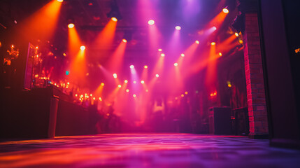 Poster - A brightly lit room with a red and purple light show. The lights are on and the room is filled with people