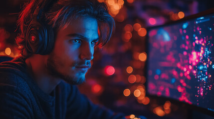 Poster - A man is playing a video game with a computer monitor in front of him. He is wearing headphones and has a serious expression on his face. The room is dimly lit
