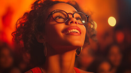 Poster - A woman with curly hair and glasses is smiling at the camera. She is wearing a red dress and has red lipstick. The image has a warm and friendly mood, and it seems like the woman is enjoying herself
