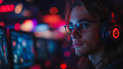 Poster - A man wearing headphones and glasses is playing a video game. Concept of focus and concentration as the man is fully engaged in the game. The red lights in the background add a sense of intensity