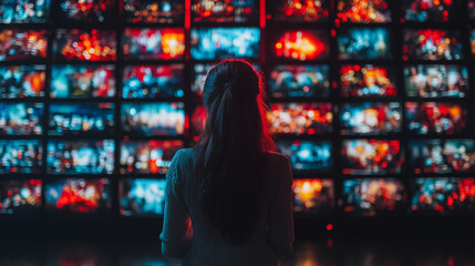 Poster - A woman is looking at a large screen with many different images on it. Scene is one of curiosity and wonder as the woman gazes at the various screens