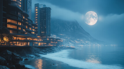 Wall Mural - A large moon is reflected in the water of a beach. The moon is surrounded by a city skyline, with tall buildings in the background. The scene is peaceful and serene