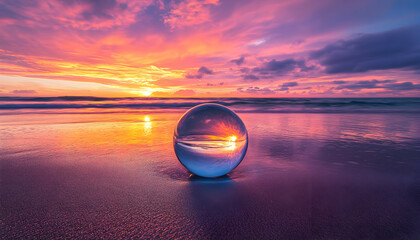 Canvas Print - A glass ball reflecting a breathtaking sunset on the beach.