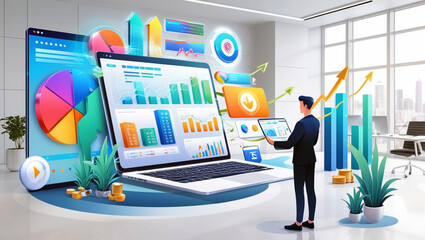 Business Analytics with graphs, bar chart, pie chart, upward and downward trend showing in computer screen and tab.