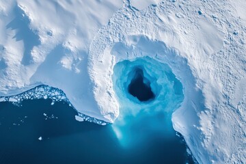 Giant Antarctica glacier arch aerial panorama. Snow covered iceberg with melted hole inside floating blue ocean water. Polar climate change. Arctic winter landscape, global warming problem. Drone, ai