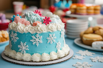 A blue cake with white frosting and snowflakes on top