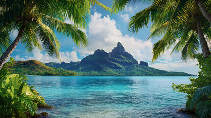 Wall Mural - Idyllic tropical island with lush palm trees framing a breathtaking view of a mountain range.