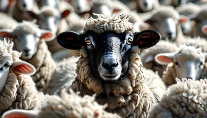 Wall Mural - Dominant black sheep stands proudly at the forefront of a flock, asserting leadership amid a sea of white woolly companions