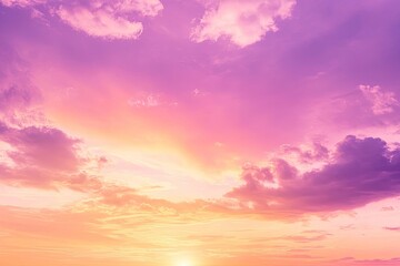 Wall Mural - sunset cloudscape Panoramic with rich purple and pink tones blending into orange at horizon, tranquil evening sky view, natural dusk setting, soft wispy cloud formation, twilight backdrop, ai