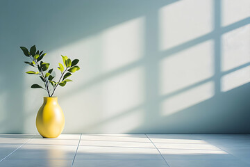 Sticker - Minimalist interior with green plant in a yellow vase.