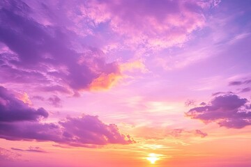 sunset cloudscape Panoramic with rich purple and pink tones blending into orange at horizon, tranquil evening sky view, natural dusk setting, soft wispy cloud formation, twilight backdrop, ai