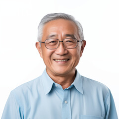 An elderly Asian man wearing a blue shirt, wearing glasses, kind-looking, smiling, looking straight ahead isolated on white background.