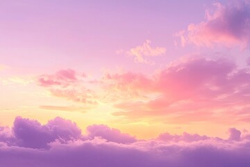 Wall Mural - sunset cloudscape Panoramic with rich purple and pink tones blending into orange at horizon, tranquil evening sky view, natural dusk setting, soft wispy cloud formation, twilight backdrop, ai