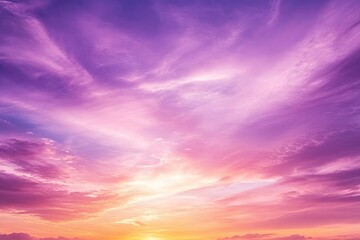 Wall Mural - sunset cloudscape Panoramic with rich purple and pink tones blending into orange at horizon, tranquil evening sky view, natural dusk setting, soft wispy cloud formation, twilight backdrop, ai