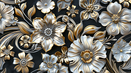 Wall Mural - 3D rendered image of ornate silver and gold flowers with black background.