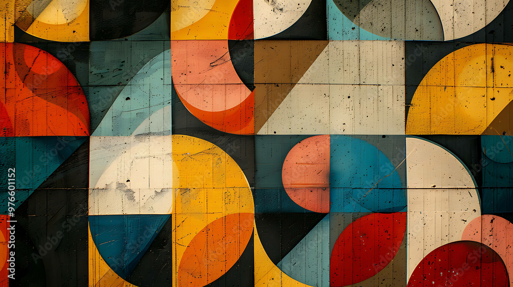 A colorful geometric mural on a rough concrete wall.