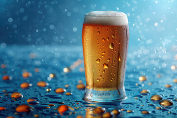 Wall Mural - A glass of beer on the table with a blue background