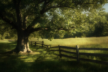 Sticker - A large, old tree stands beside a wooden fence in a field.