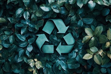 Wall Mural - A symbol of waste recycling with green leaves. Environmental protection concept with leaves background. A top view of a recycling symbol covered by green paper. Save planet, eco, recycling concept, ai