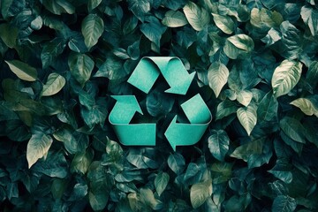 Wall Mural - A symbol of waste recycling with green leaves. Environmental protection concept with leaves background. A top view of a recycling symbol covered by green paper. Save planet, eco, recycling concept, ai