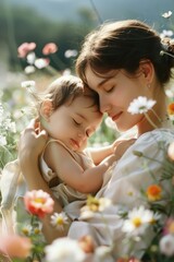 Wall Mural - Mother and baby in the flower bushes in the outskirts