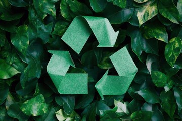 Wall Mural - A symbol of waste recycling with green leaves. Environmental protection concept with leaves background. A top view of a recycling symbol covered by green paper. Save planet, eco, recycling concept, ai