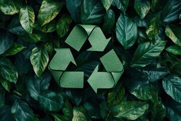 Wall Mural - A symbol of waste recycling with green leaves. Environmental protection concept with leaves background. A top view of a recycling symbol covered by green paper. Save planet, eco, recycling concept, ai