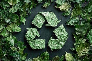 Wall Mural - A symbol of waste recycling with green leaves. Environmental protection concept with leaves background. A top view of a recycling symbol covered by green paper. Save planet, eco, recycling concept, ai